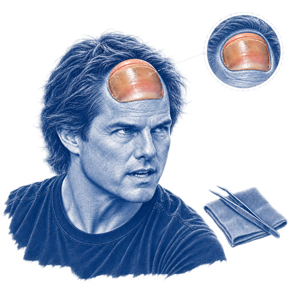 Blueprint illustration of tweezers and a folded cloth beside a magnified circular view of the forehead toe