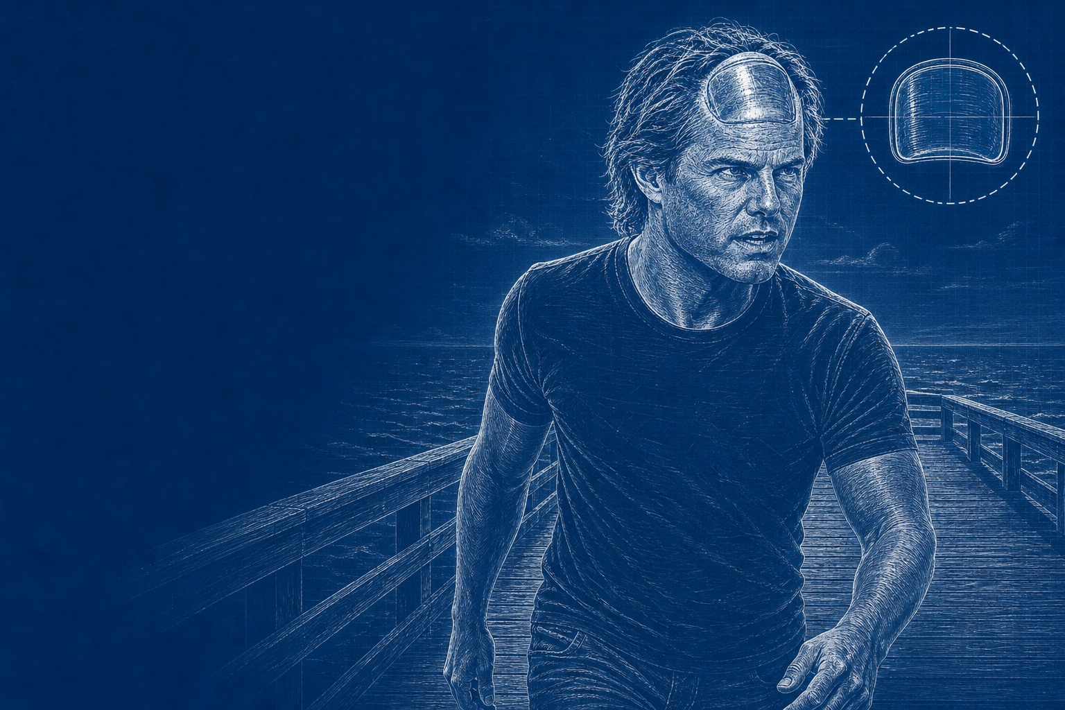 Blueprint illustration of the specimen walking a wooden pier, ocean behind him, with a dashed circular callout enlarging the forehead toe